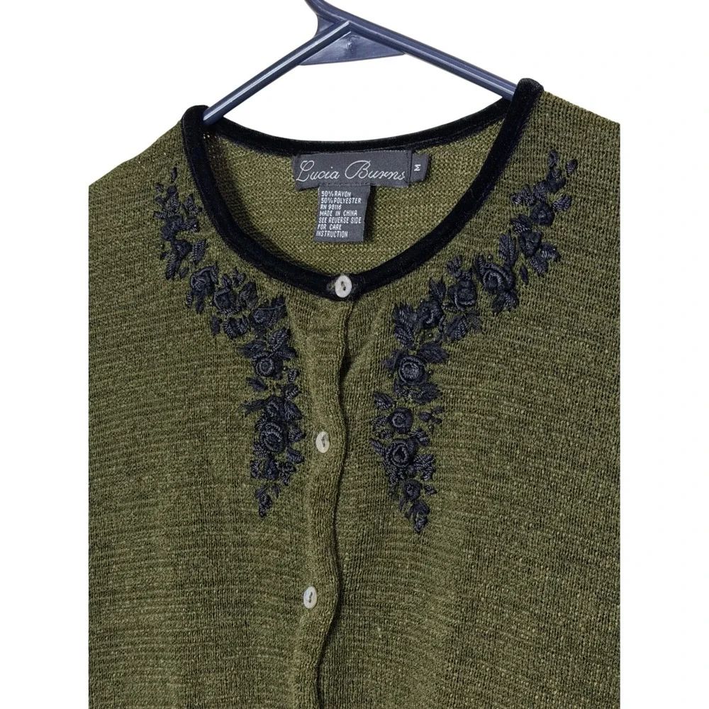 Lucia Burns Olive Green Embroidered Floral Cardigan Sweater Velvet Trim Size M